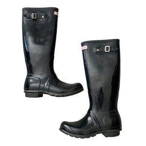 Hunter Wellies Tall Glossy Black Rain Boots Size 6